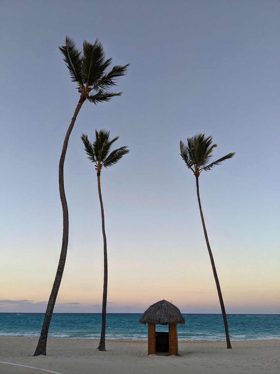 Vila kayu tepi pantai dengan pokok kelapa ketika matahari terbenam di Langkawi